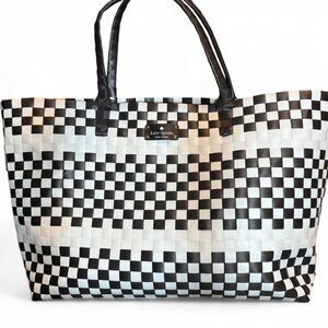 Kate Spade New York Large Woven Checkered Tote Beach Market Shopper Bag